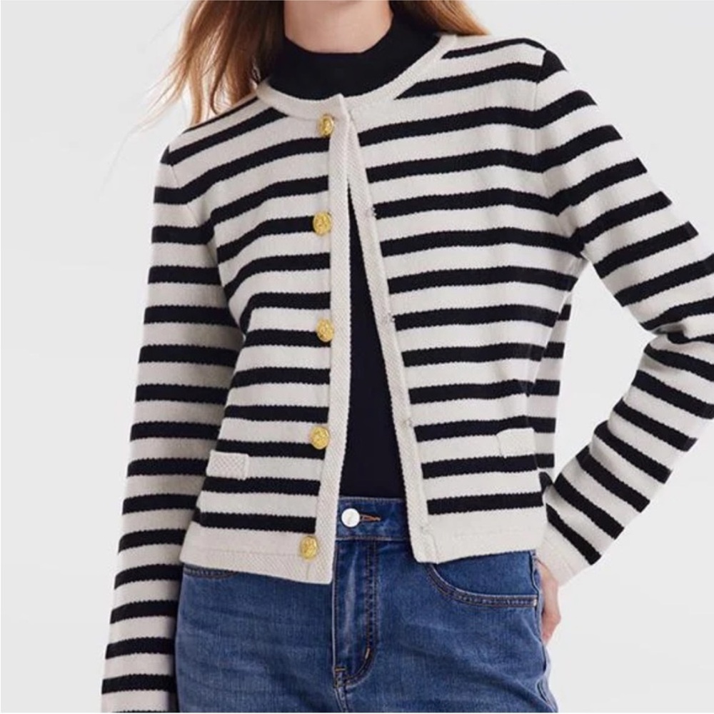 Goelia Wool Blend Black and White Striped Cardigan Gold Button Up Size Medium